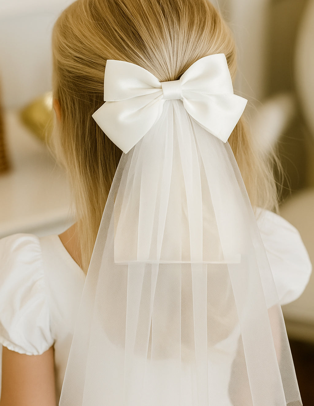 Catherine Communion Barrette (Ages 3 upwards) with a pink satin drawstring bag.