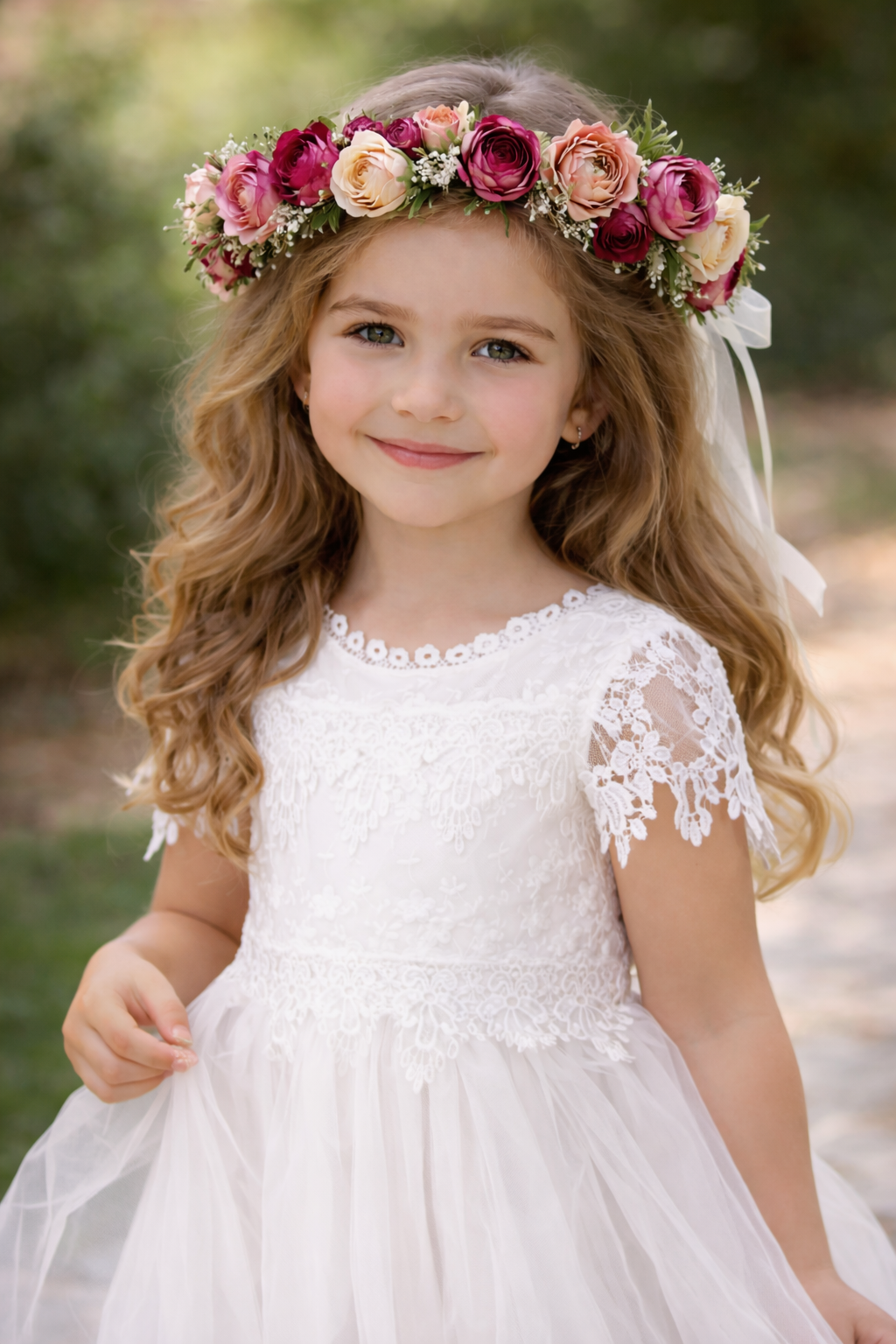 Thea  Flower Crown + Pink Satin Drawstring Bag - Ages 6 + upwards.