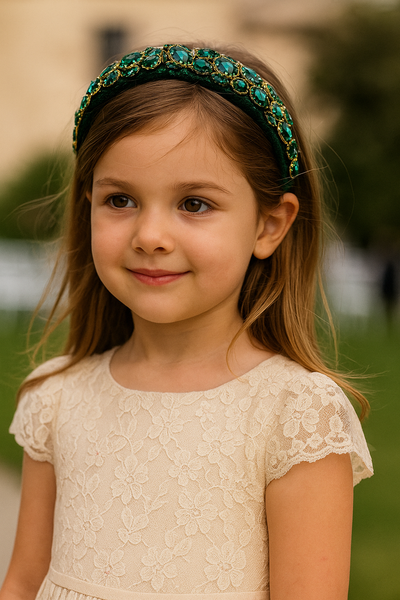 Enchanted Emerald Headband (Ages 6-Adult) with a pink satin drawstring bag.