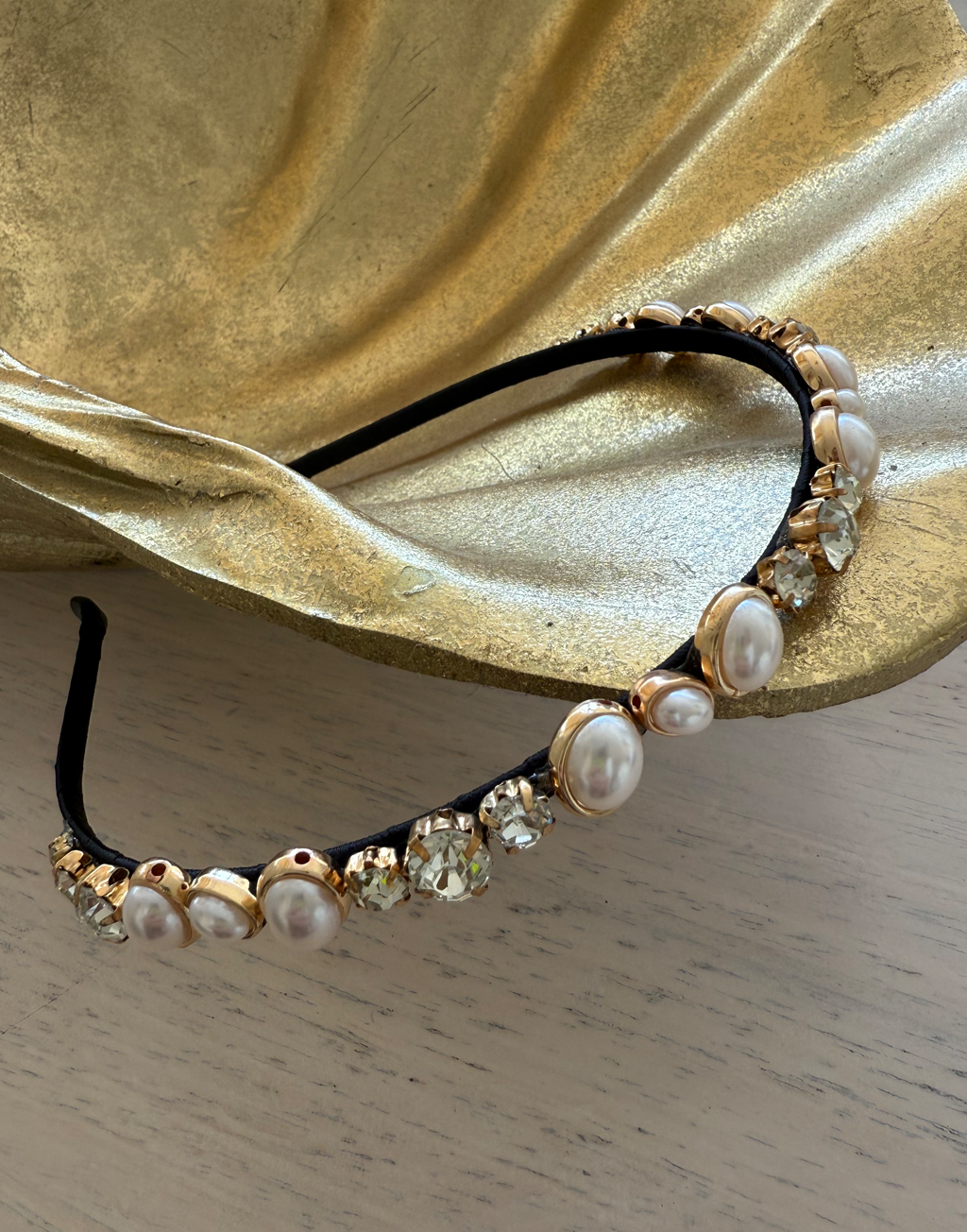 Genevieve Headband (Ages 3 upwards) with a pink satin drawstring bag.
