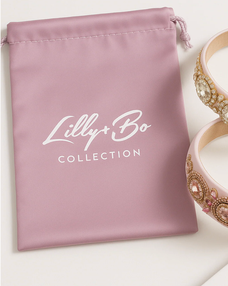 Pixie Pearls Headband (Ages 2 upwards) with a pink satin drawstring bag.