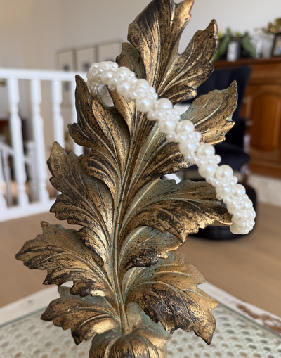 Poppy Pearls Headband (Ages 3 upwards) with a pink satin drawstring bag.