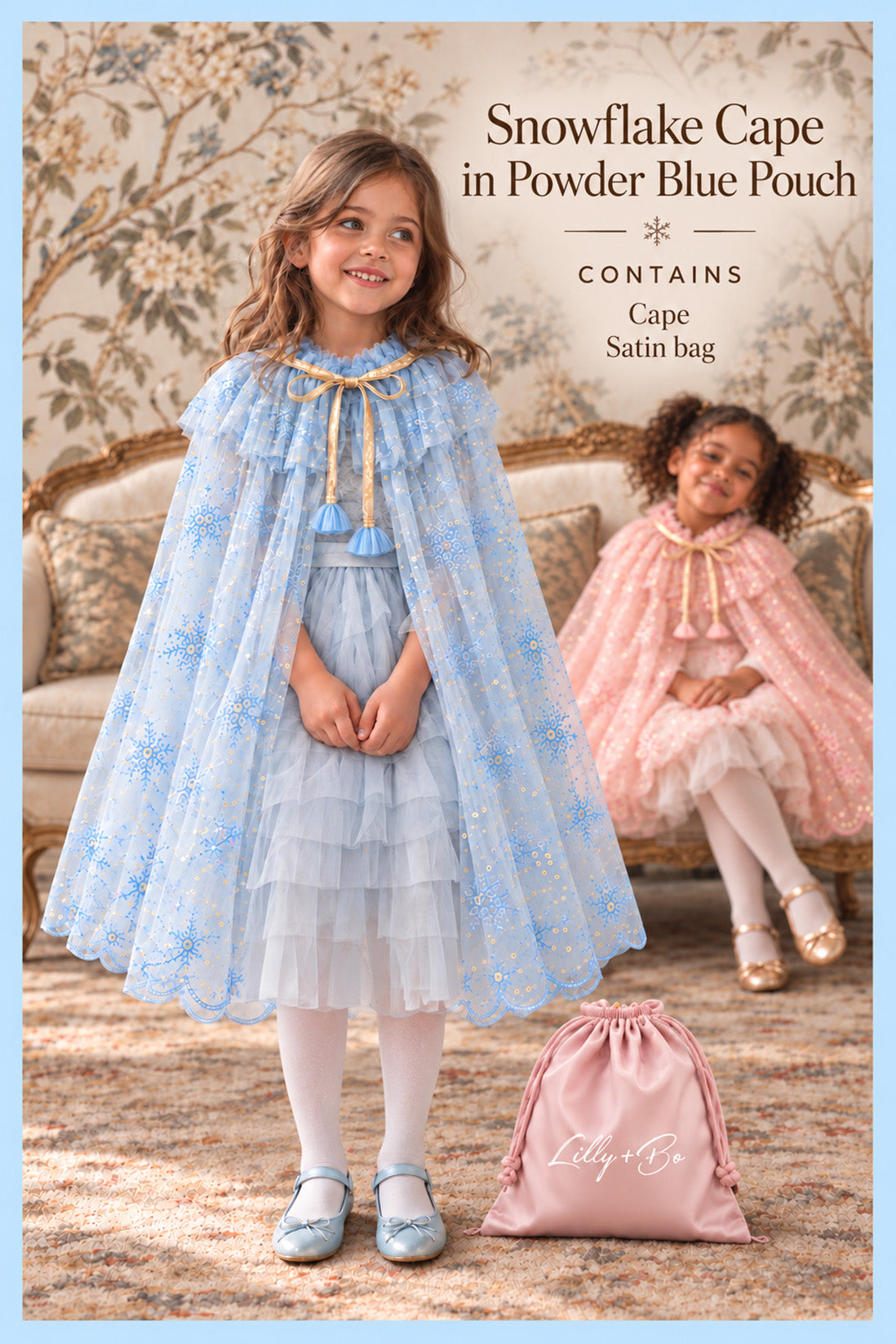 Snowflake Cape in Powder Blue ~ with a Pink Satin Drawstring Bag