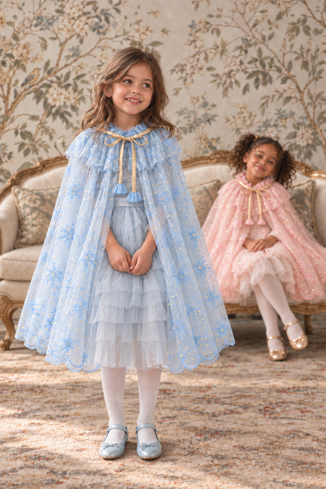 Snowflake Cape in Powder Blue ~ with a Pink Satin Drawstring Bag