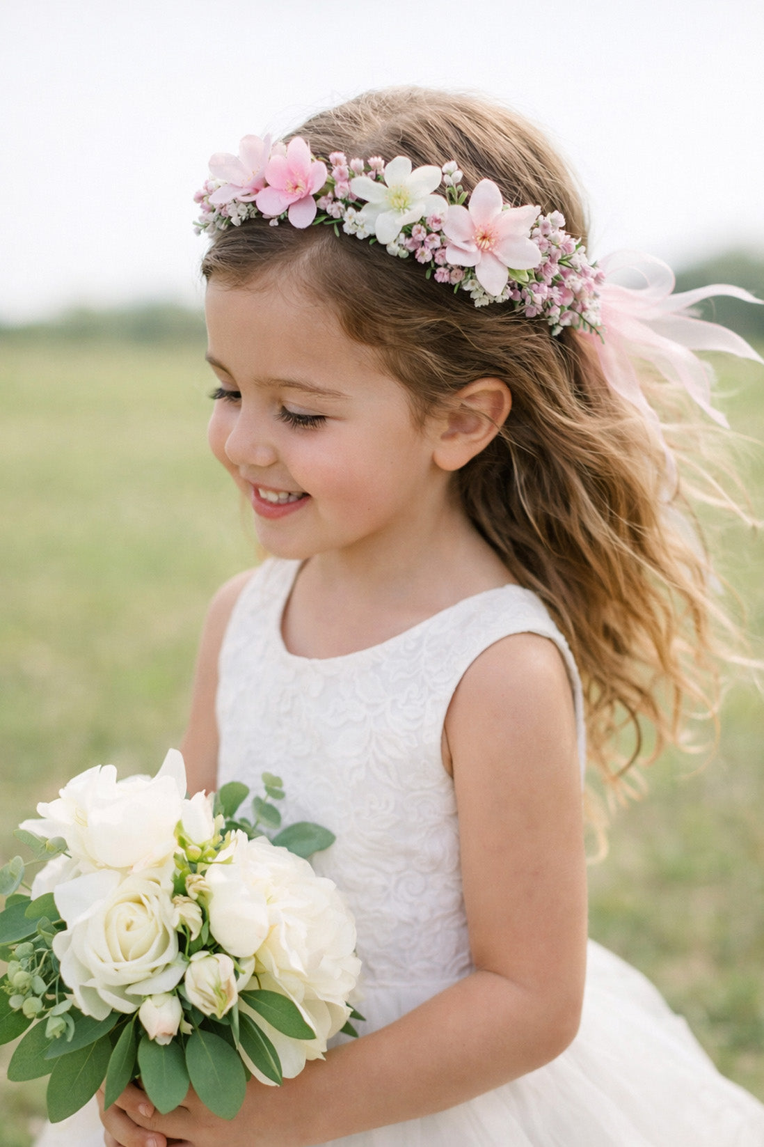 Aspen Flower Crown + Pink Satin Drawstring Bag Ages 2+ upwards