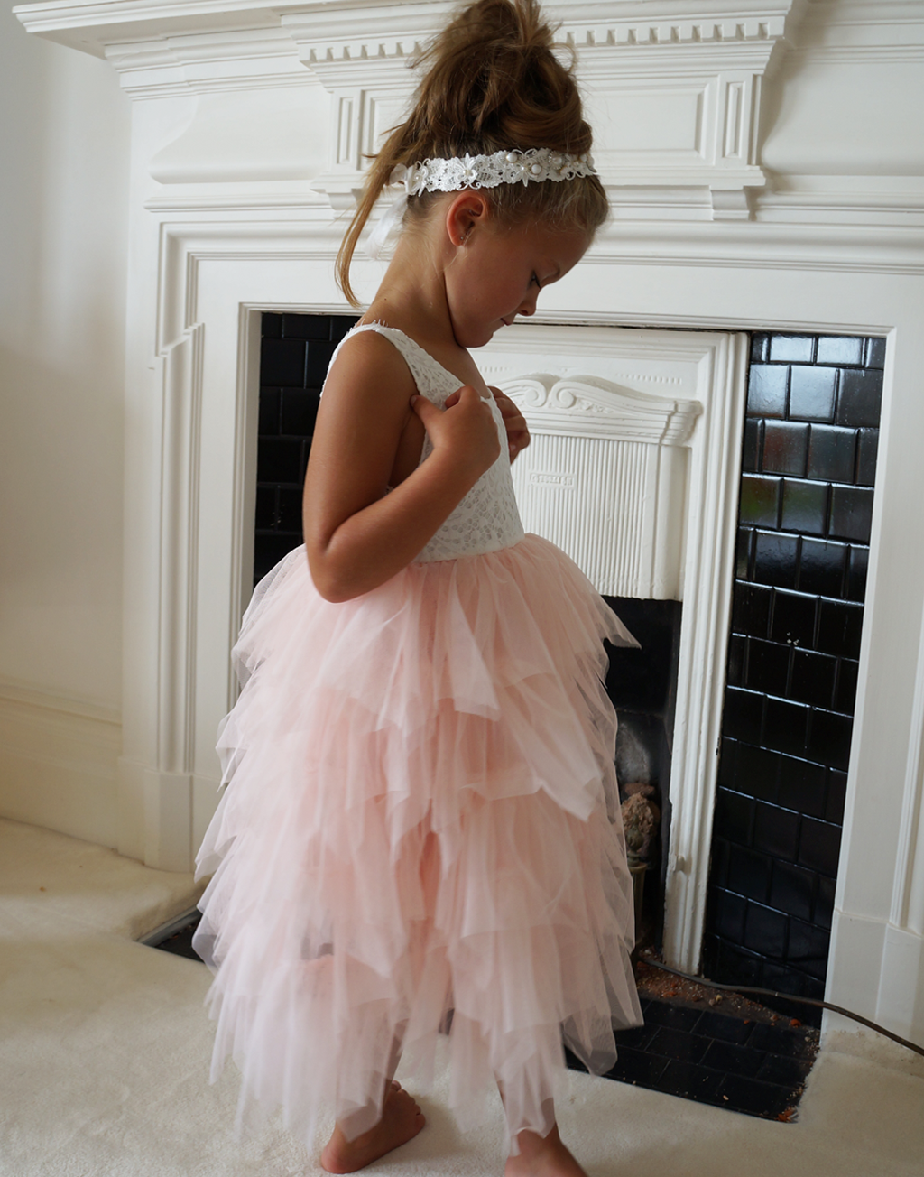 Bess in Blush/Apricot Luxurious Tulle Flower Girl | Party Dress