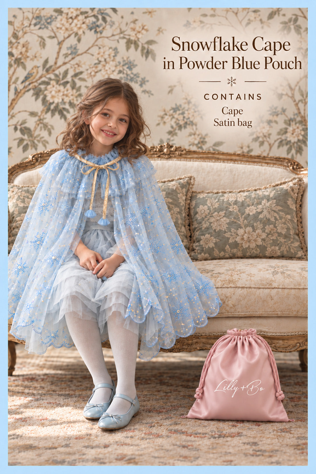 Snowflake Cape in Powder Blue ~ in a Pink Satin Drawstring Bag