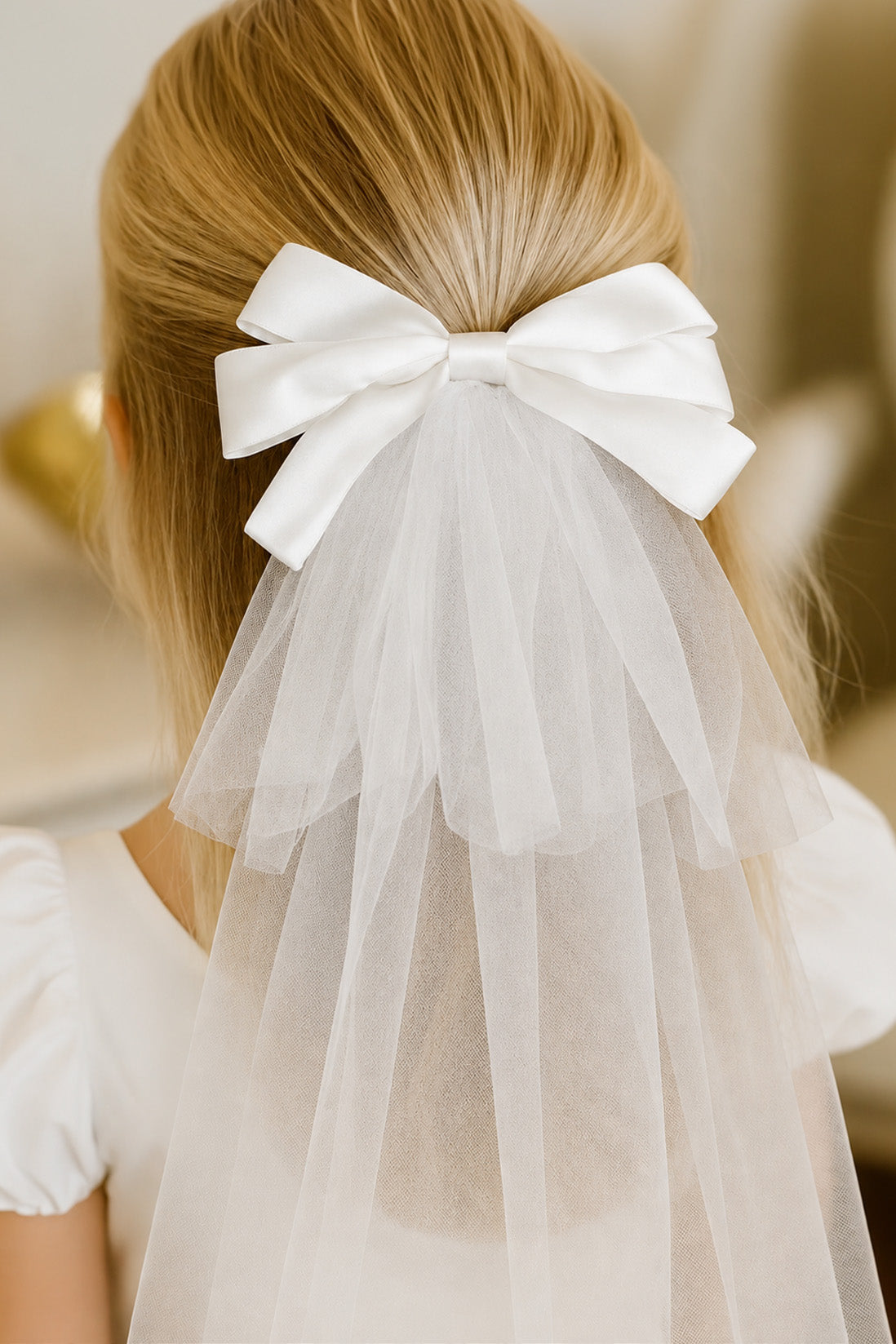 Catherine Communion Barrette (Ages 3 upwards) with a pink satin drawstring bag.