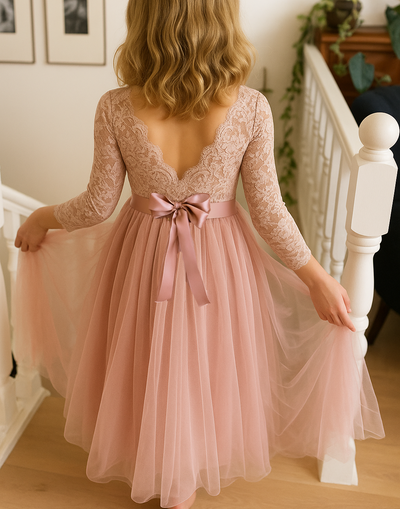 Celestial in Dusty Rose ~ Party or Flower Girl Dress with Flower Sash