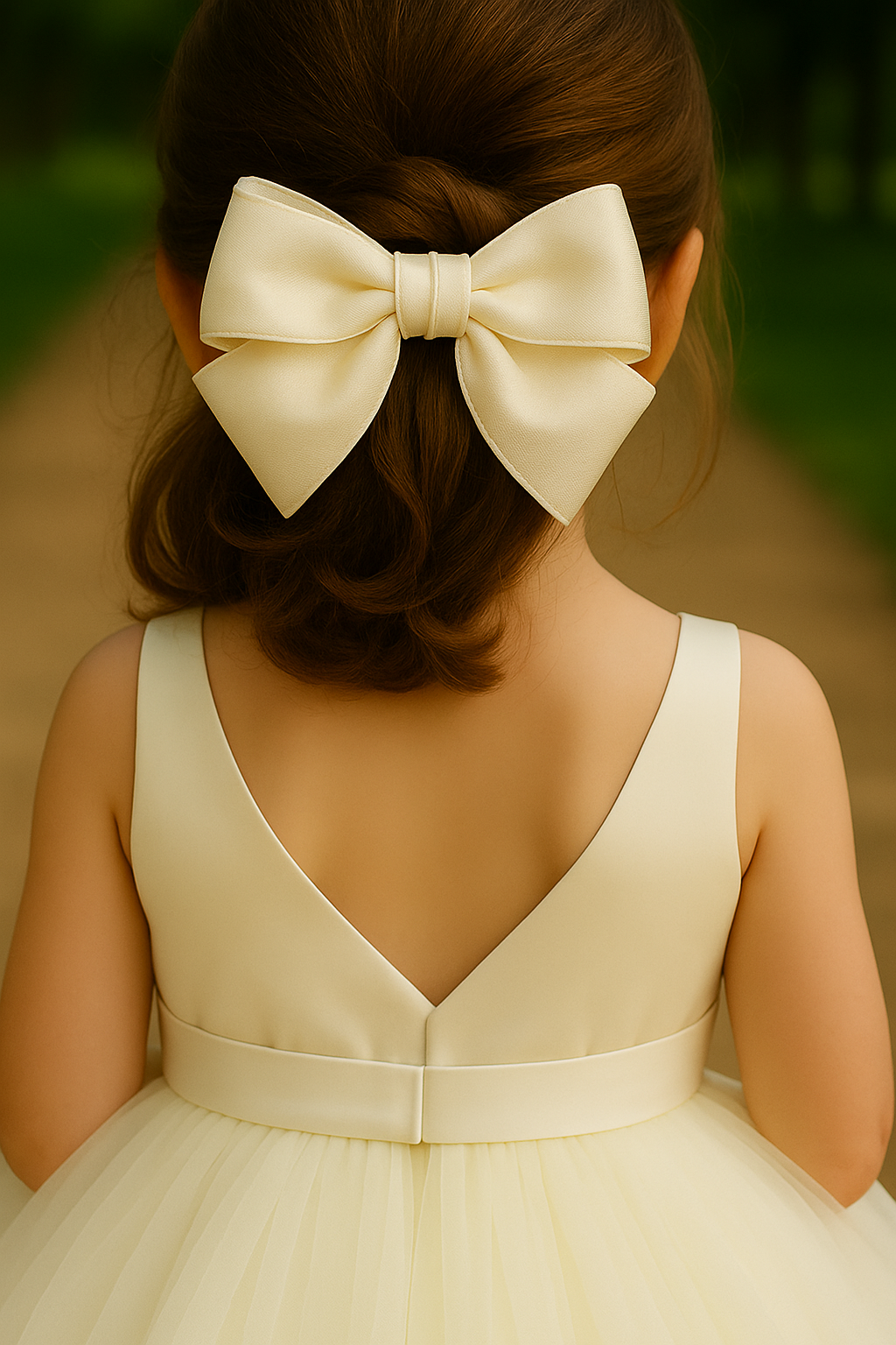 Sugar Cream Bow Barrette with a pink satin drawstring bag.