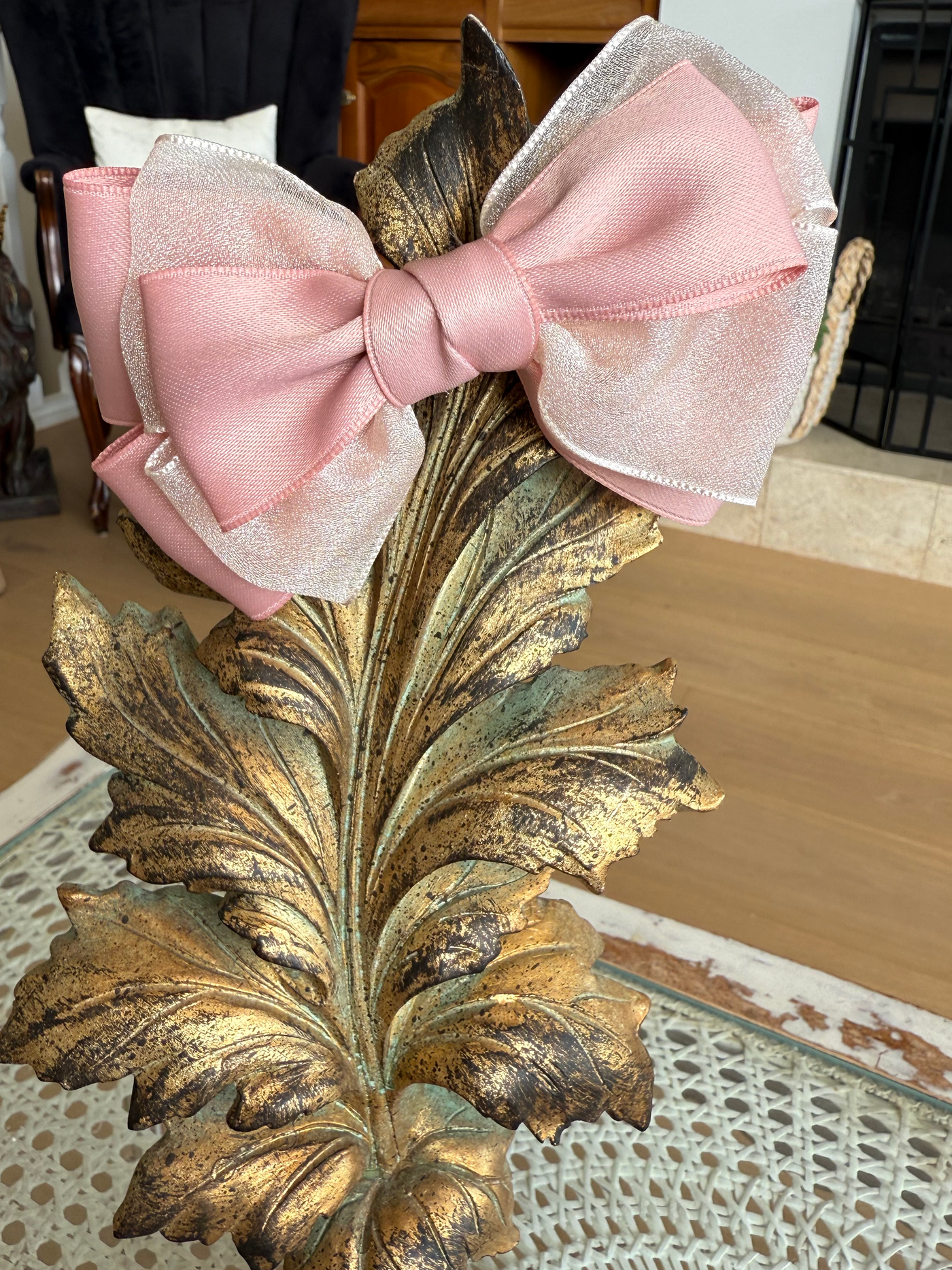Sugar Rose Bow Barrette with a pink satin drawstring bag.