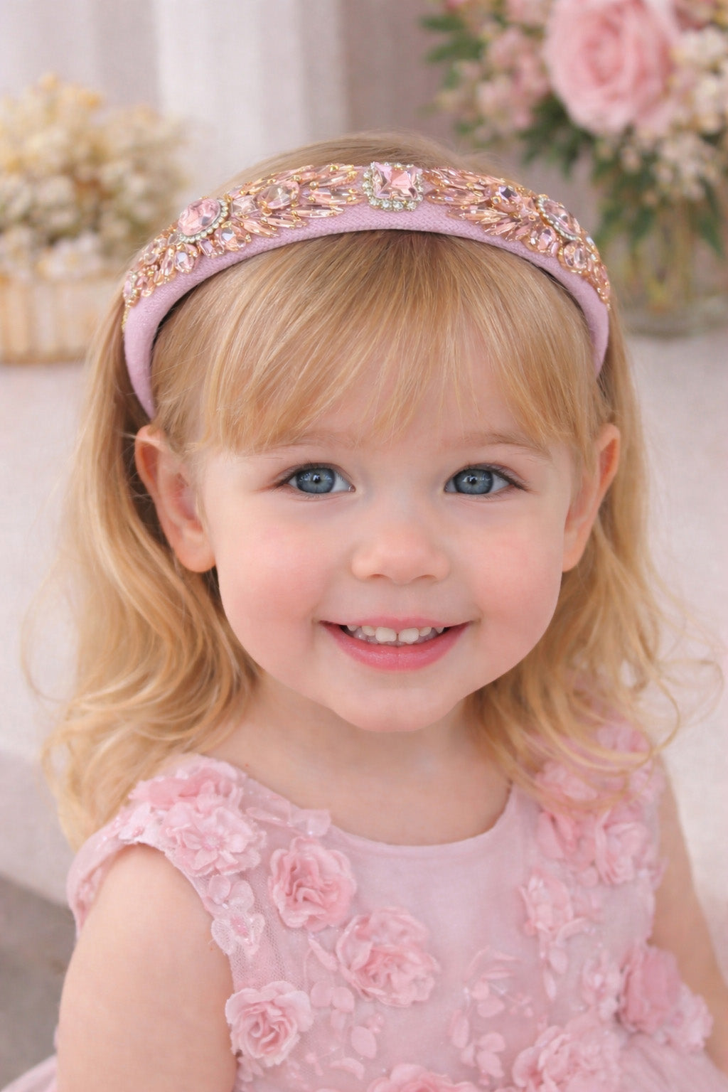 Delphine in Ballet Pink Headband (Ages 3-Adult) with a pink satin drawstring bag.