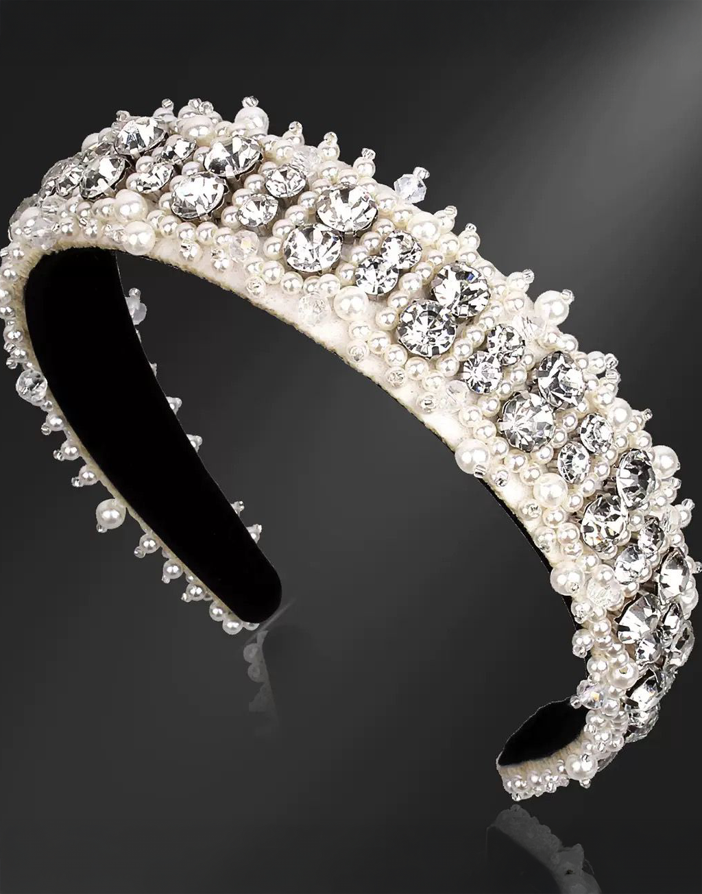 Dianna Rhinestone Headband (Ages 6-Adult) with a pink satin drawstring bag
