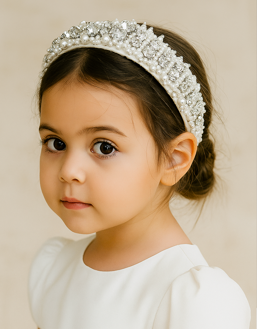 Dianna Rhinestone Headband (Ages 6-Adult) with a pink satin drawstring bag