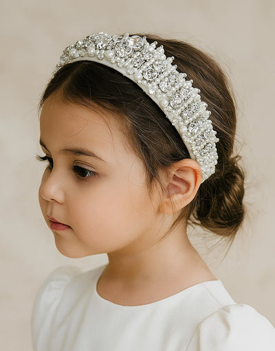 Dianna Rhinestone Headband (Ages 6-Adult) with a pink satin drawstring bag