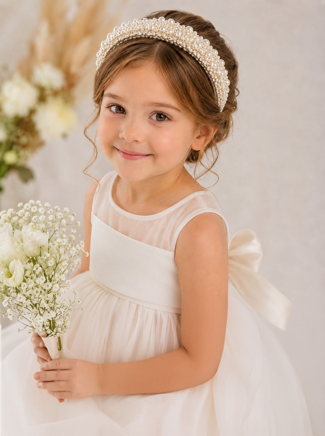 Dreamy Pearl Headband (Ages 6 upwards) with a pink satin drawstring bag.