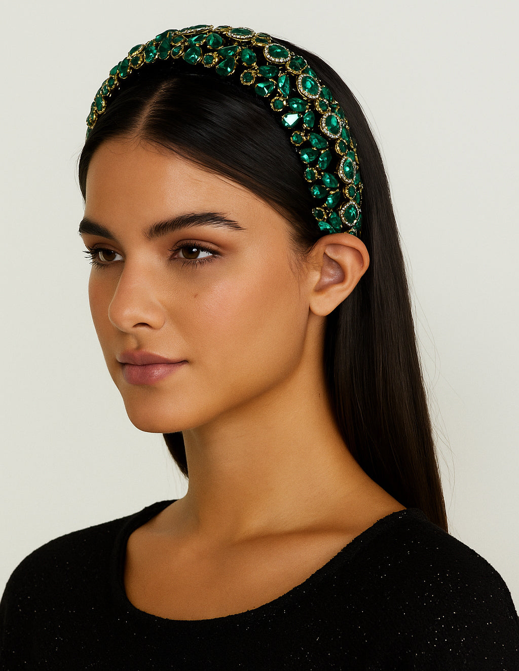 Enchanted Emerald Headband (Ages 6-Adult) with a pink satin drawstring bag.