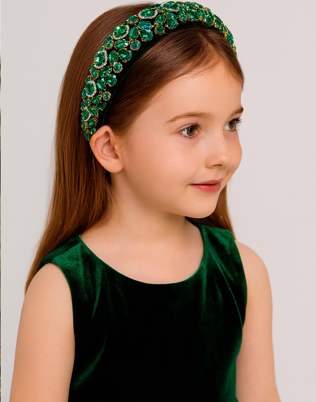Enchanted Emerald Headband (Ages 6-Adult) with a pink satin drawstring bag.
