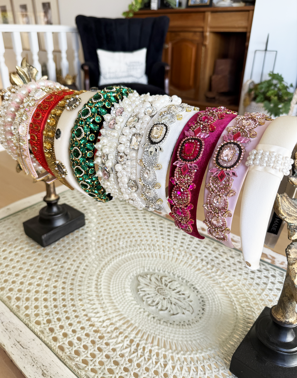 Gatsby Rhinestone Headband (Ages 8-Adult) with a pink satin drawstring bag