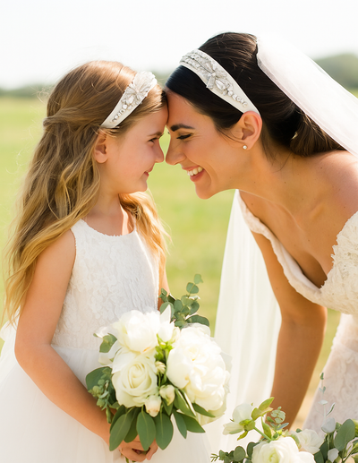 Gatsby Rhinestone Headband (Ages 8-Adult) with a pink satin drawstring bag