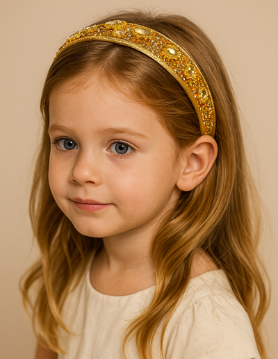 Gilded Sun Headband (Ages 6-Adult) with a pink satin drawstring bag.