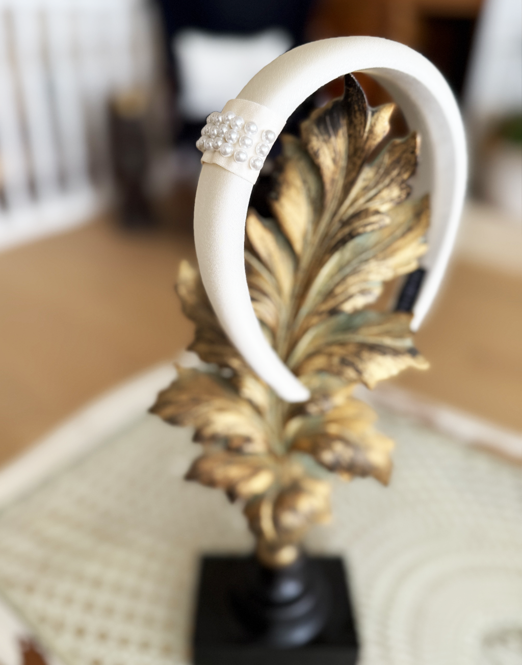 Fleur ~ Satin Headband (Ages 2-Adult) with a pink satin drawstring bag.