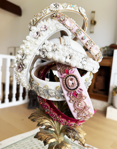 Papillon Butterfly Pearl Headband (Ages 6-Adult) with a pink satin drawstring bag