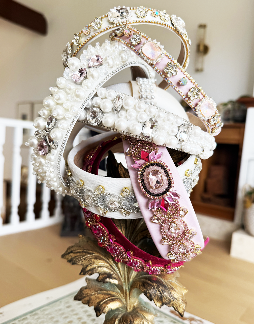 Gatsby Rhinestone Headband (Ages 8-Adult) with a pink satin drawstring bag