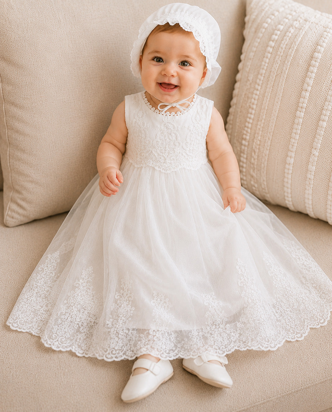Lilith - Baptism Christening Gown with Bonnet