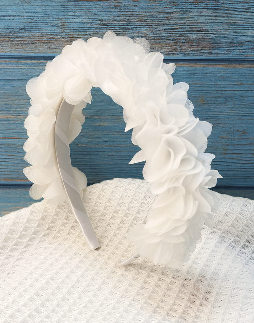 Lilly Frilly Satin Headband (Ages 3 upwards) with a pink satin drawstring bag.