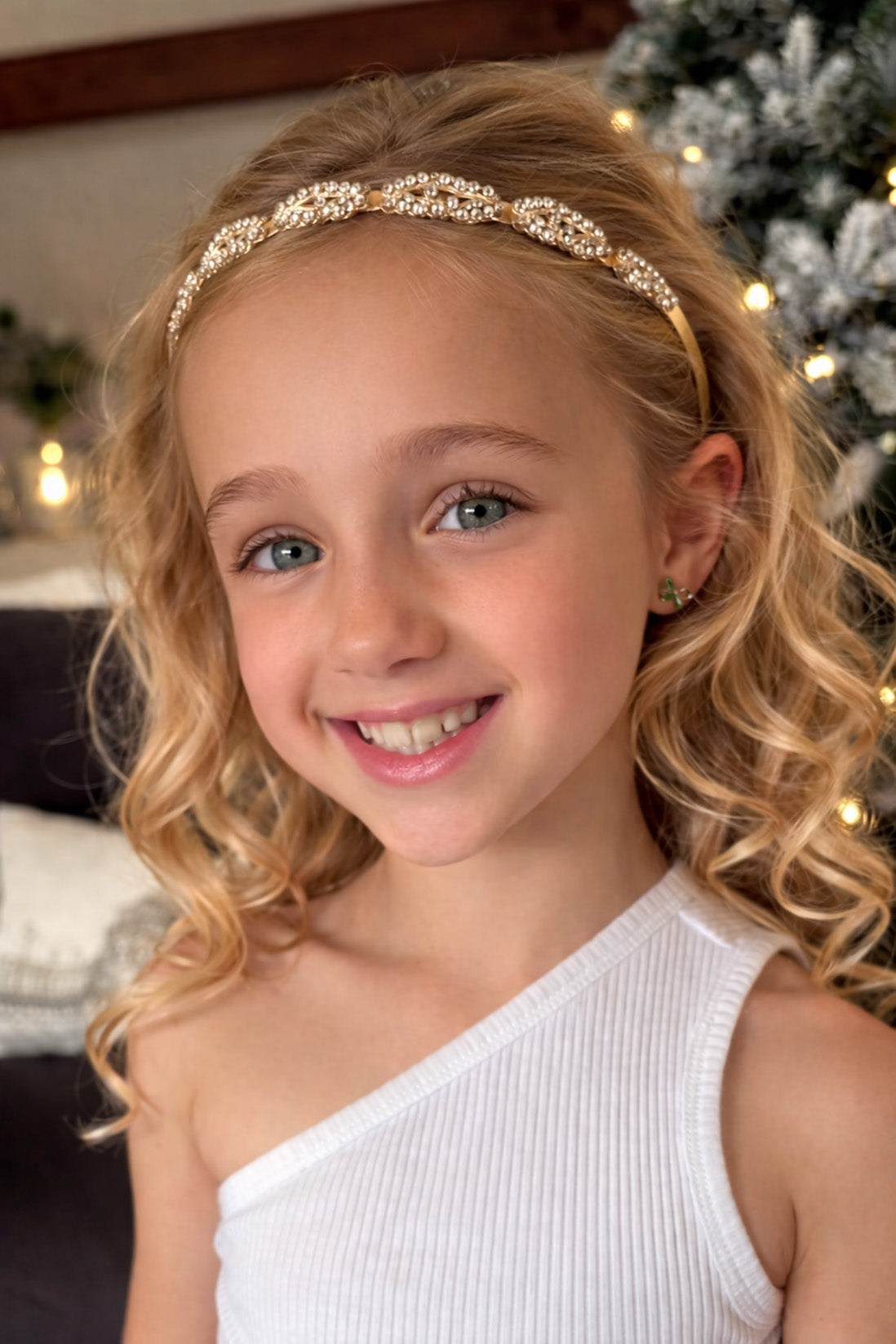 Matilda Rose Gold Headband (Ages 3-Adult) with a pink satin drawstring bag.