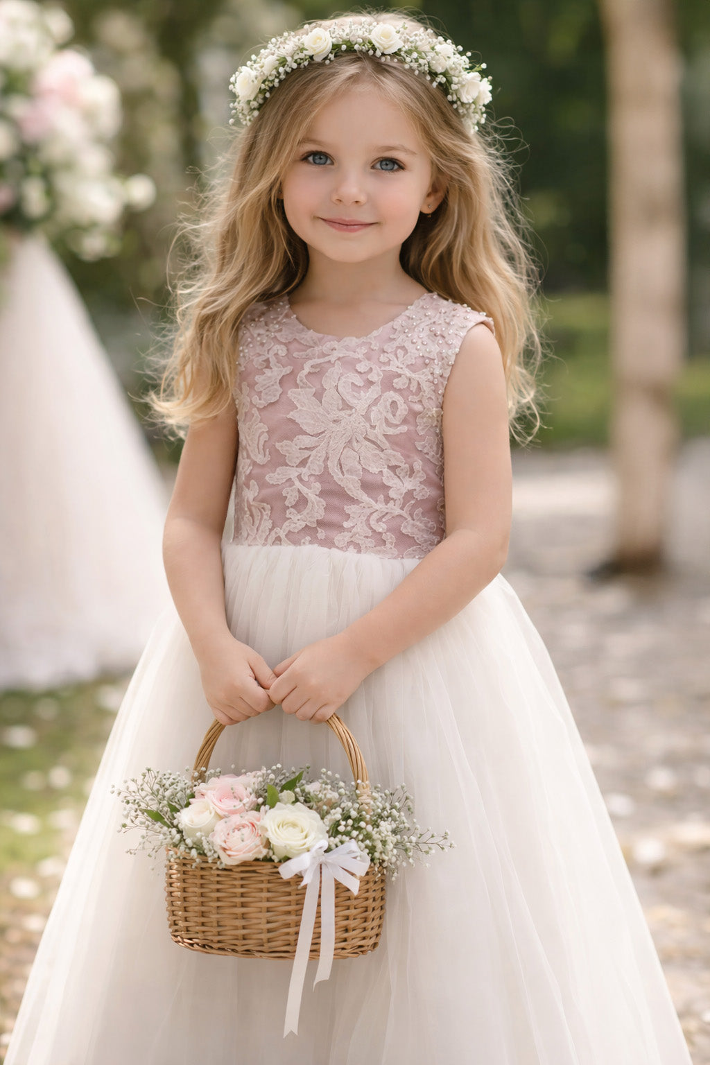 Maryanne in Dusty Pink + Ivory White Skirt - Flower Girl Dress
