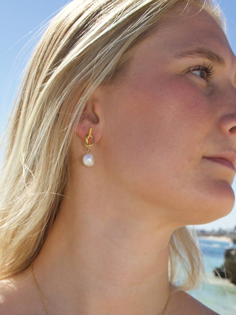 Audrey Fresh Water Pearl Earrings 18k Gold Plated Titanium, Tarnish Free, Hypoallergenic + Waterproof