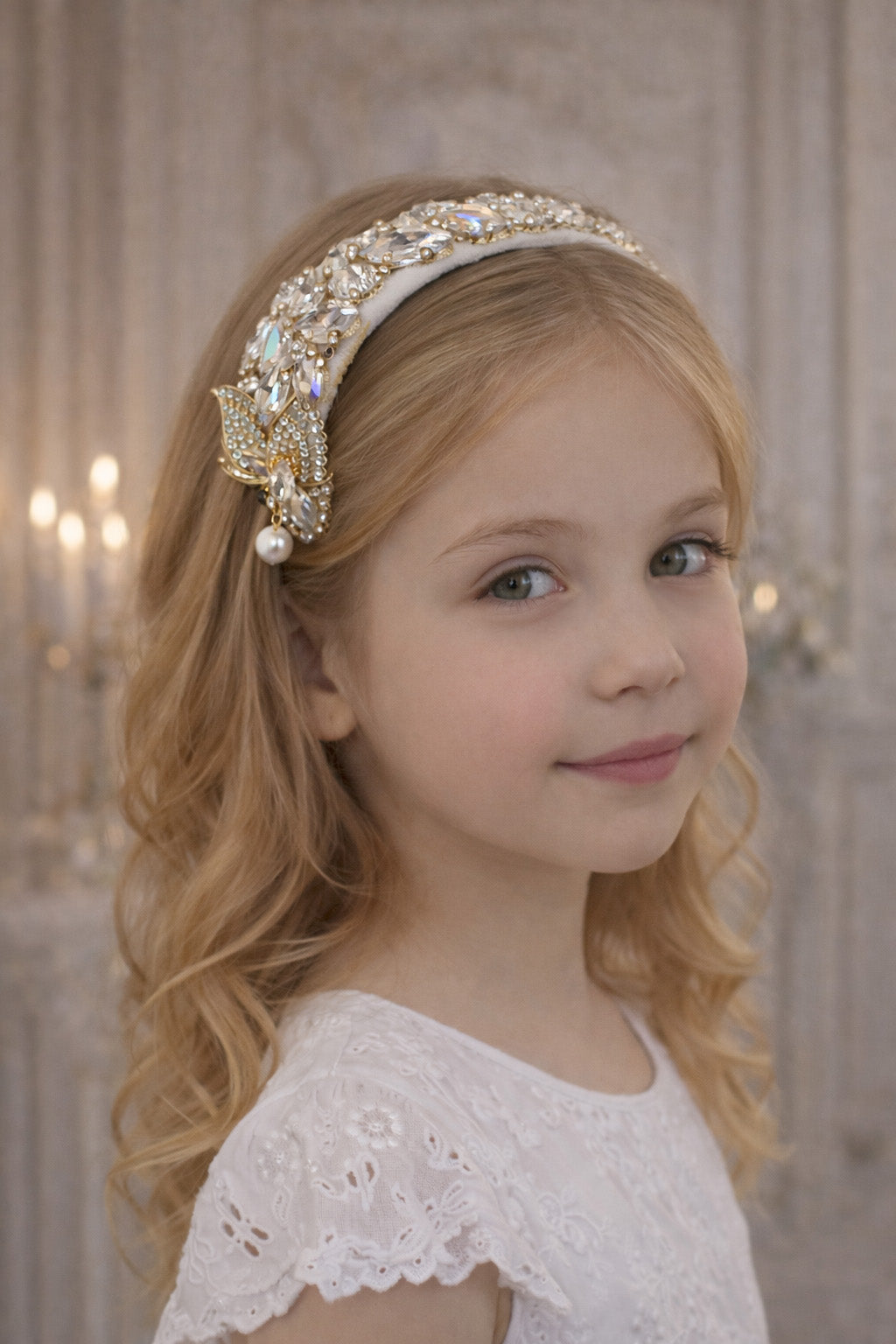 Papillon Butterfly Pearl Headband (Ages 6-Adult) with a pink satin drawstring bag