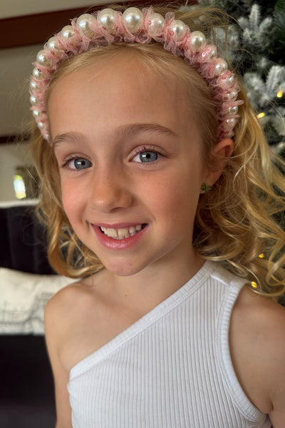 Pixie Pearls Headband (Ages 2 upwards) with a pink satin drawstring bag.