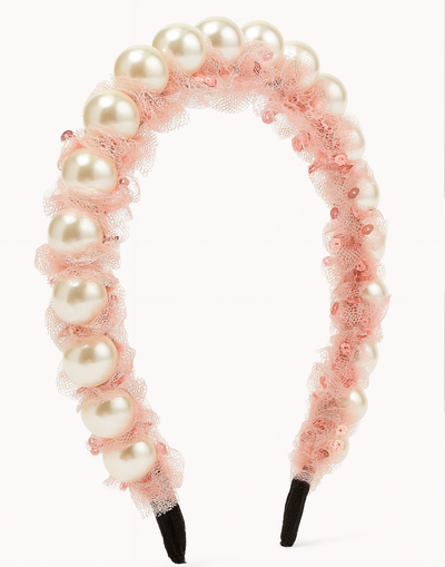 Pixie Pearls Headband (Ages 2 upwards) with a pink satin drawstring bag.