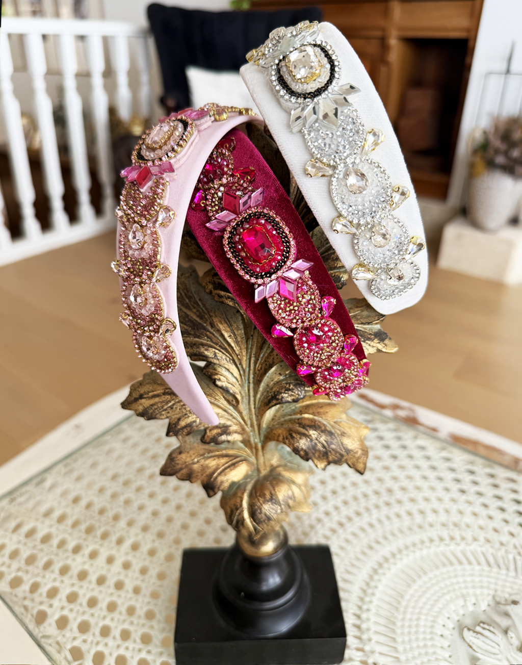 Gatsby Rhinestone Headband (Ages 8-Adult) with a pink satin drawstring bag