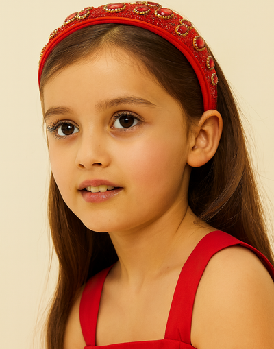 Red Sun Headband (Ages 6-Adult) with a pink satin drawstring bag.