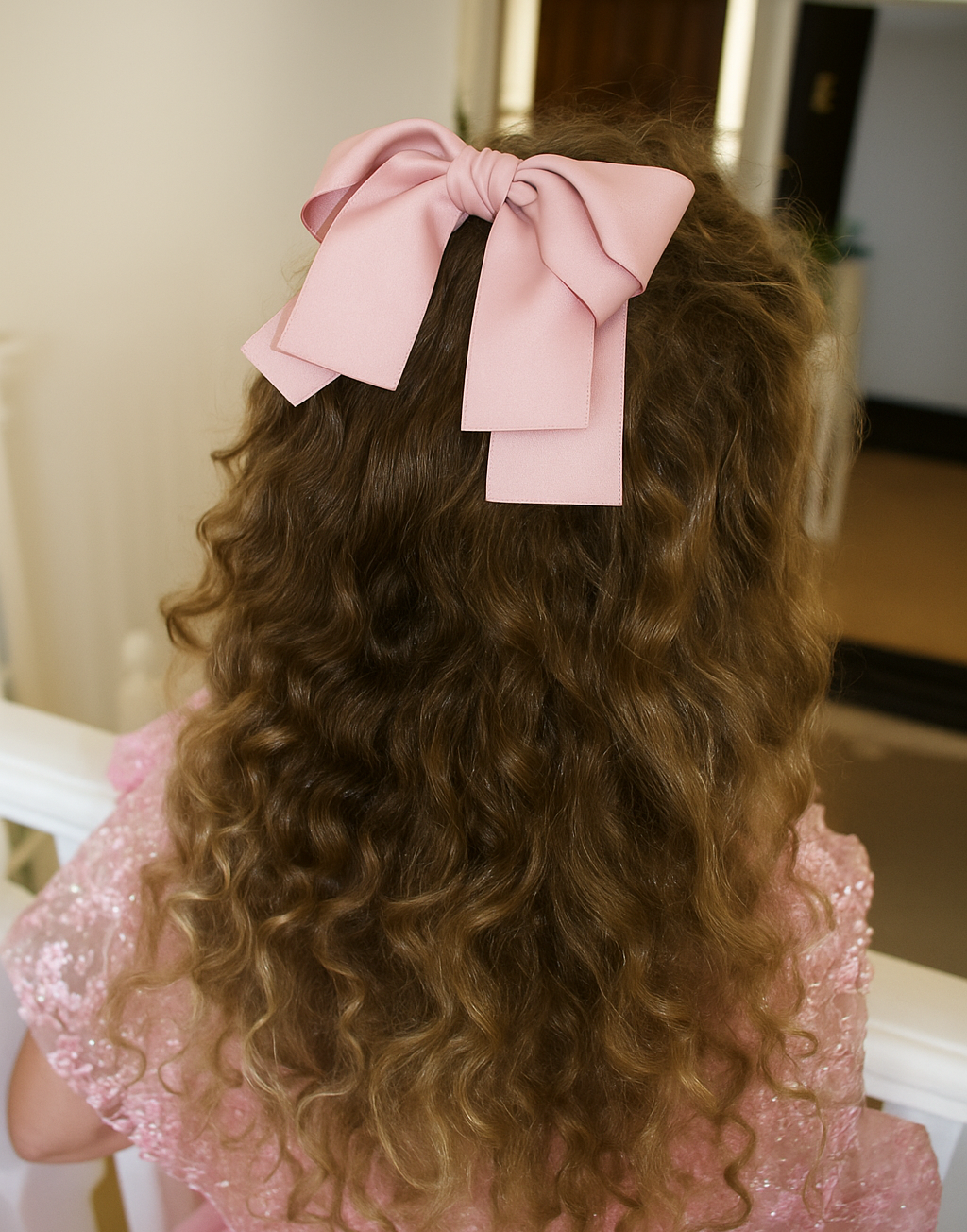Rose Bow Barrette (Ages 3 upwards) with a pink satin drawstring bag.