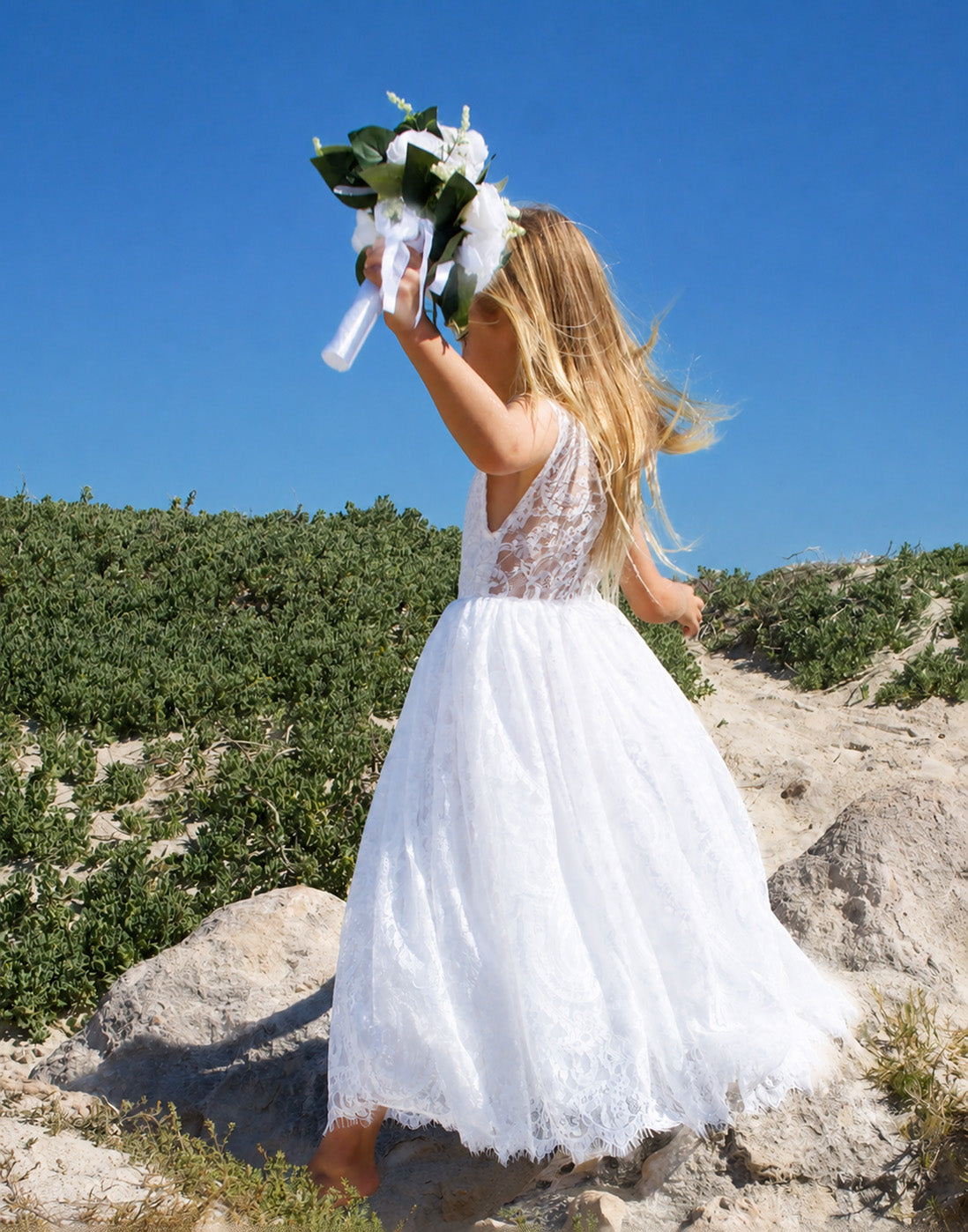 Saffron Ivory White ~ Luxurious Lace Flower Girl Dress
