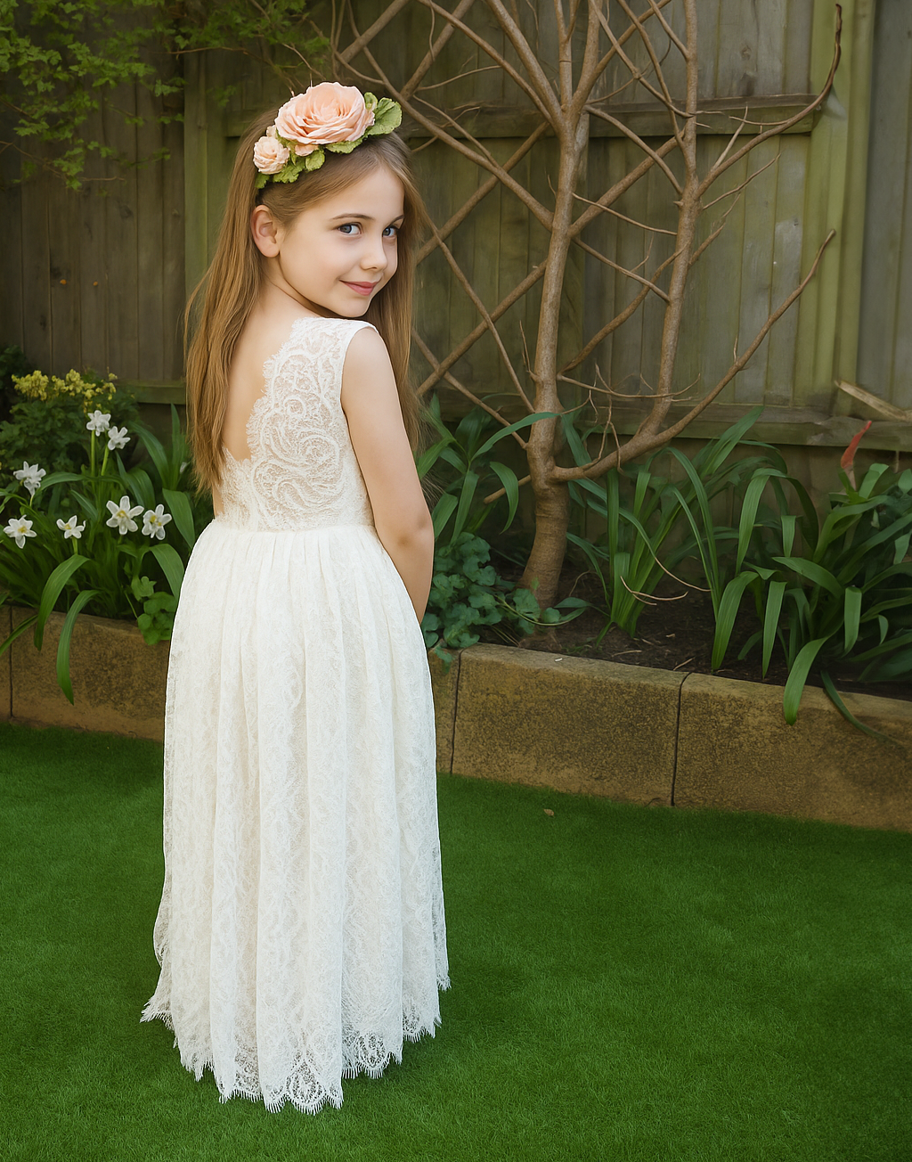 Saffron Ivory White ~ Luxurious Lace Flower Girl Dress