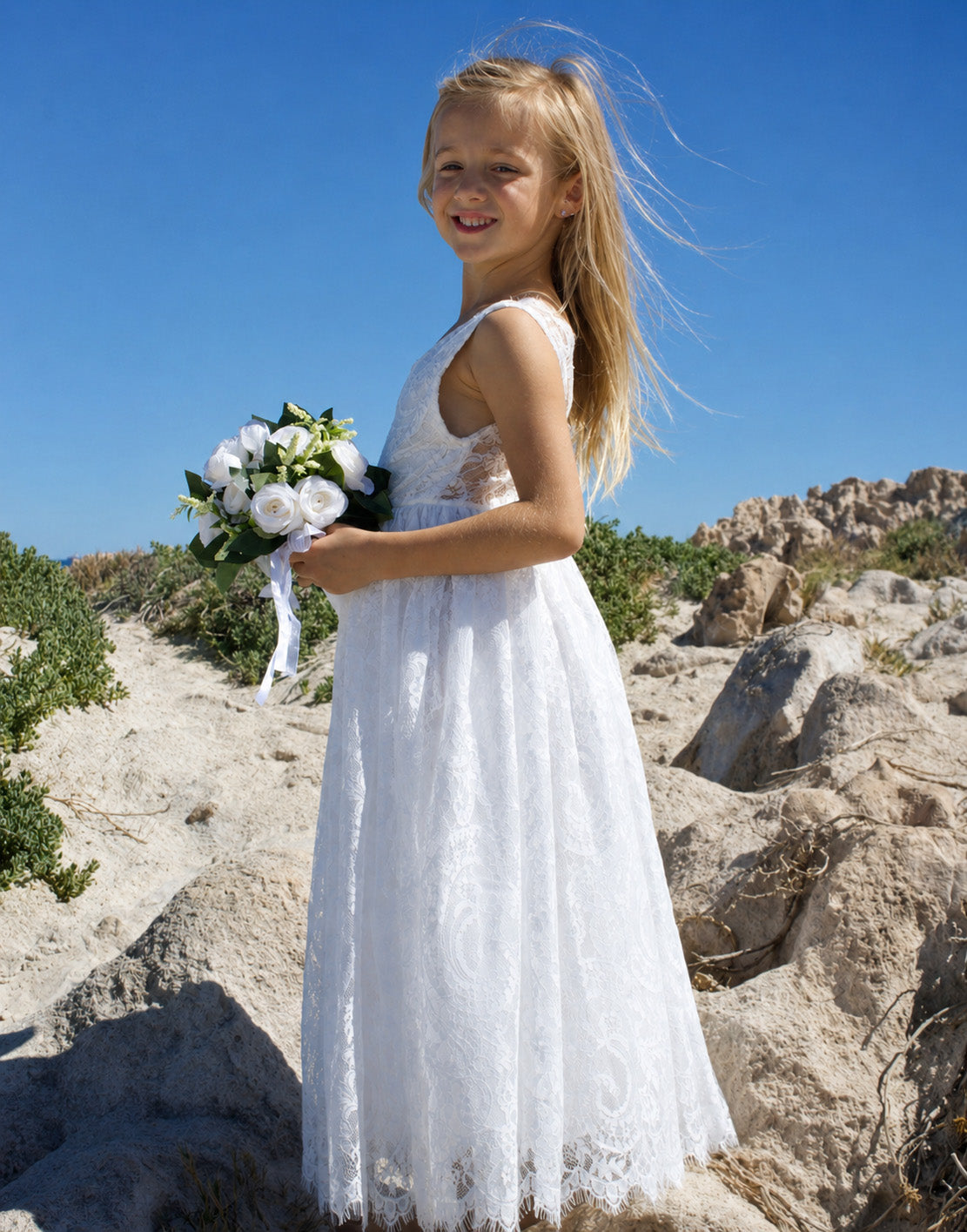 Saffron Ivory White ~ Luxurious Lace Flower Girl Dress