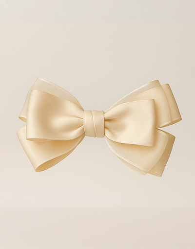 Sugar Cream Bow Barrette with a pink satin drawstring bag.