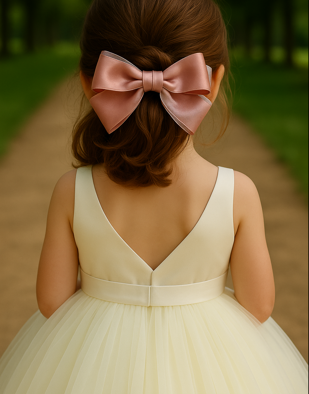 Sugar Rose Bow Barrette with a pink satin drawstring bag.