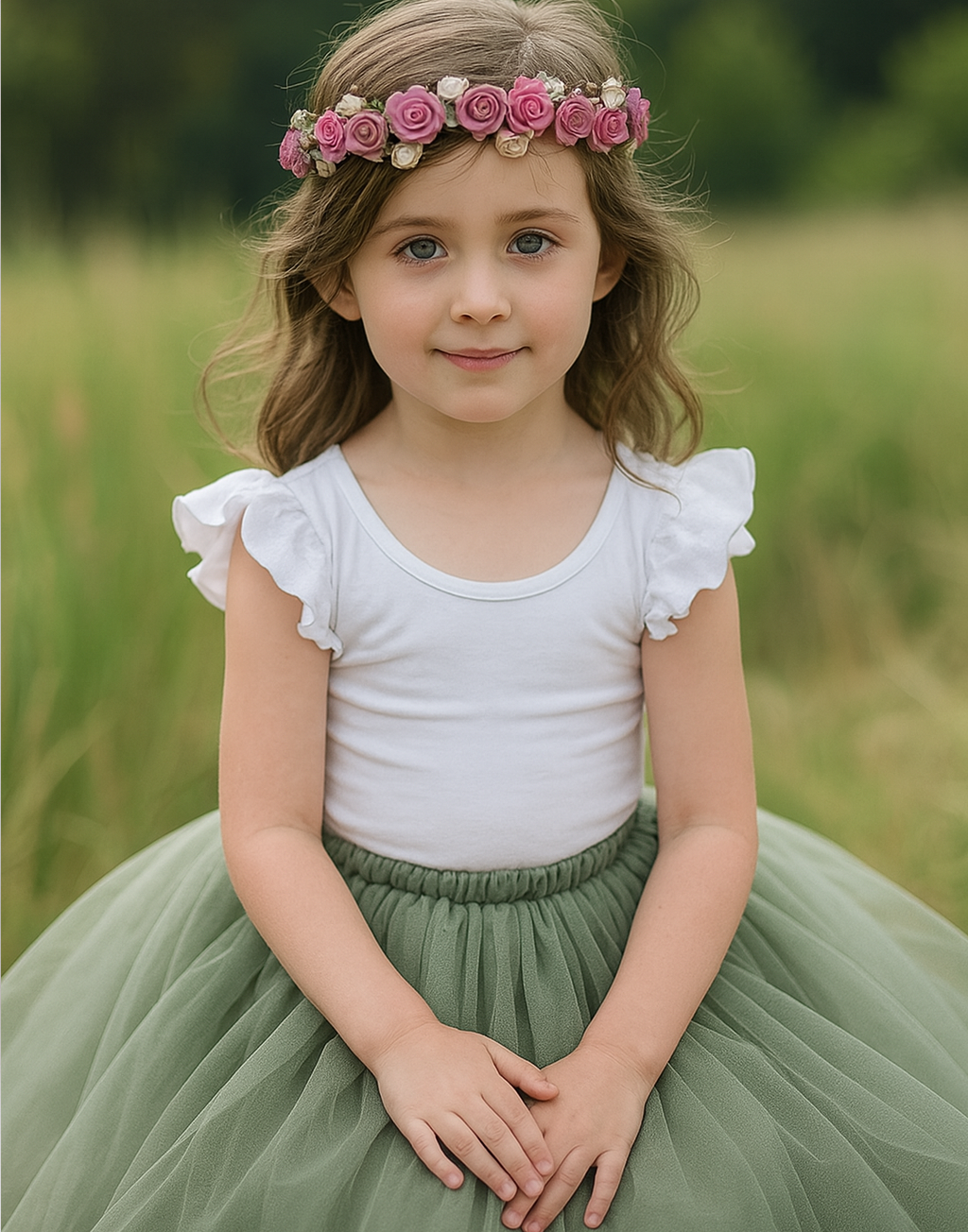 Enchanted Ruffle Tutu in Apple Green with a Pink Satin Drawstring Bag.