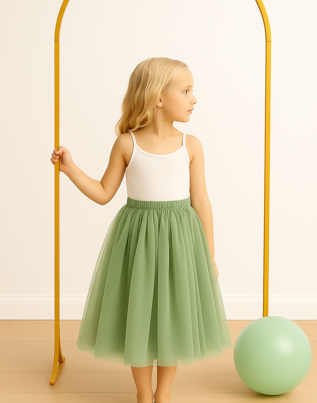 Enchanted Ruffle Tutu in Apple Green with a Pink Satin Drawstring Bag.