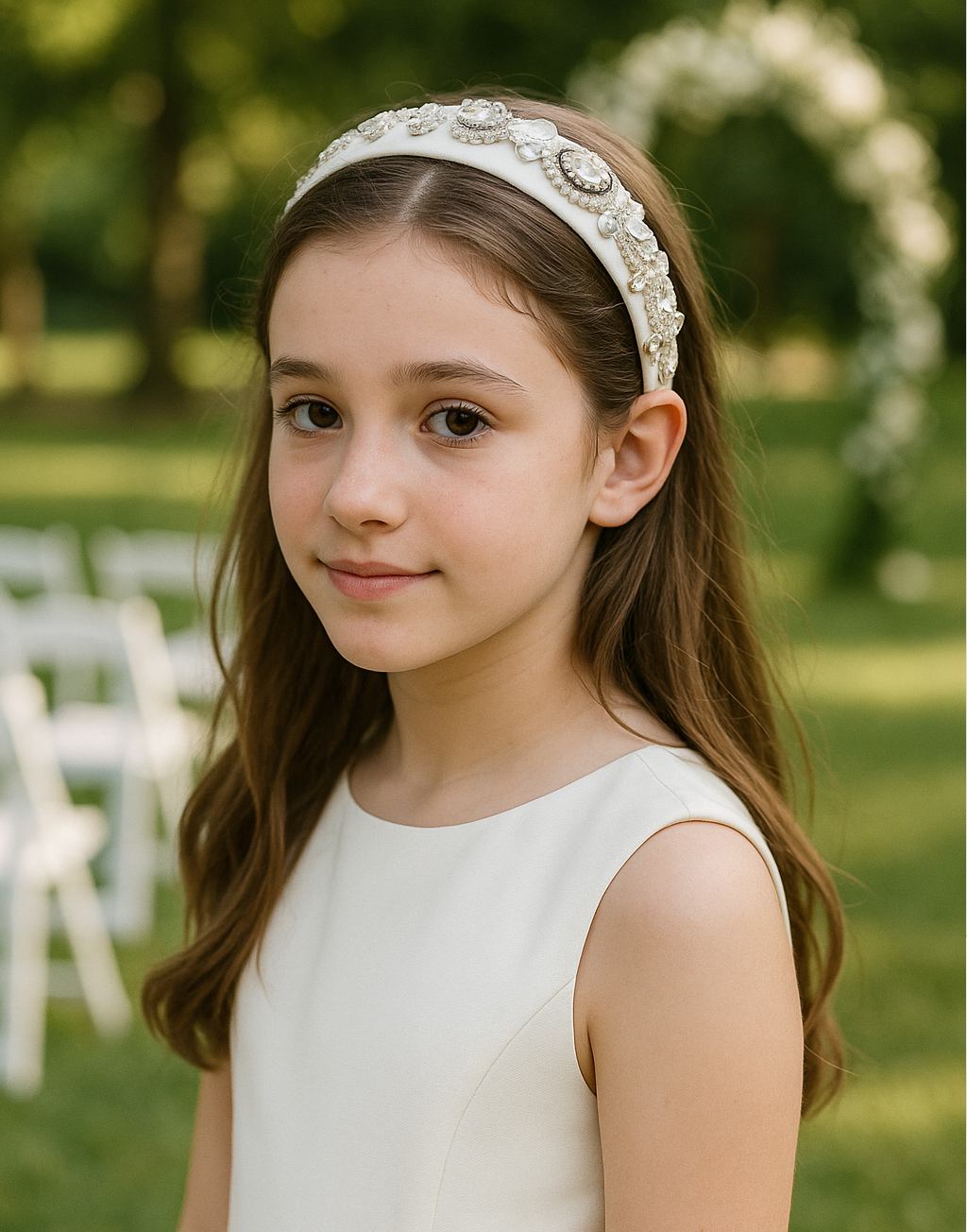 Snow Queen Headband (Ages 6-Adult) with a pink satin drawstring bag.