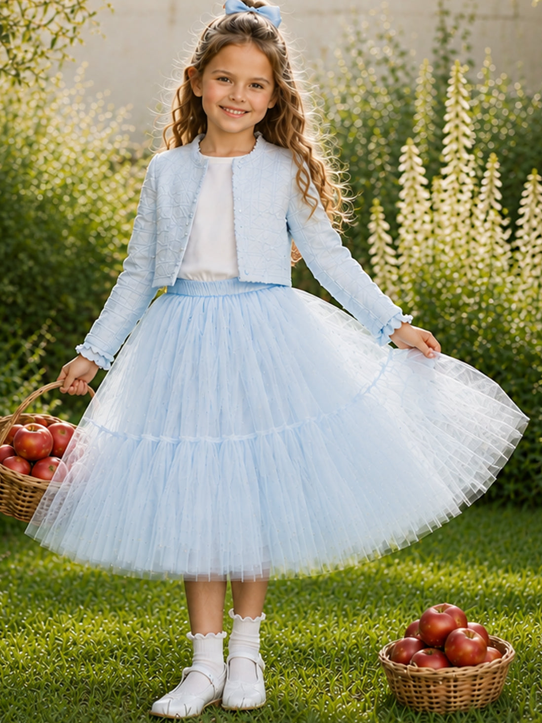 Willow Tutu in Porcelain Sky + Pink Satin Drawstring bag