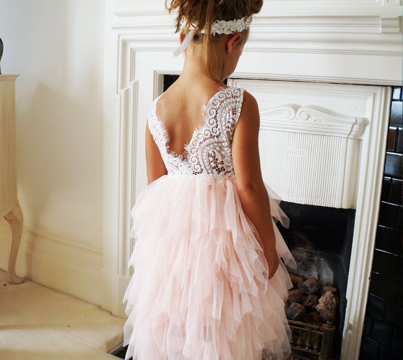 Bess in Blush/Apricot Luxurious Tulle Flower Girl | Party Dress